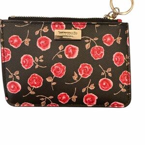 kate spade Black Floral Zip Card Case with Pink Roses